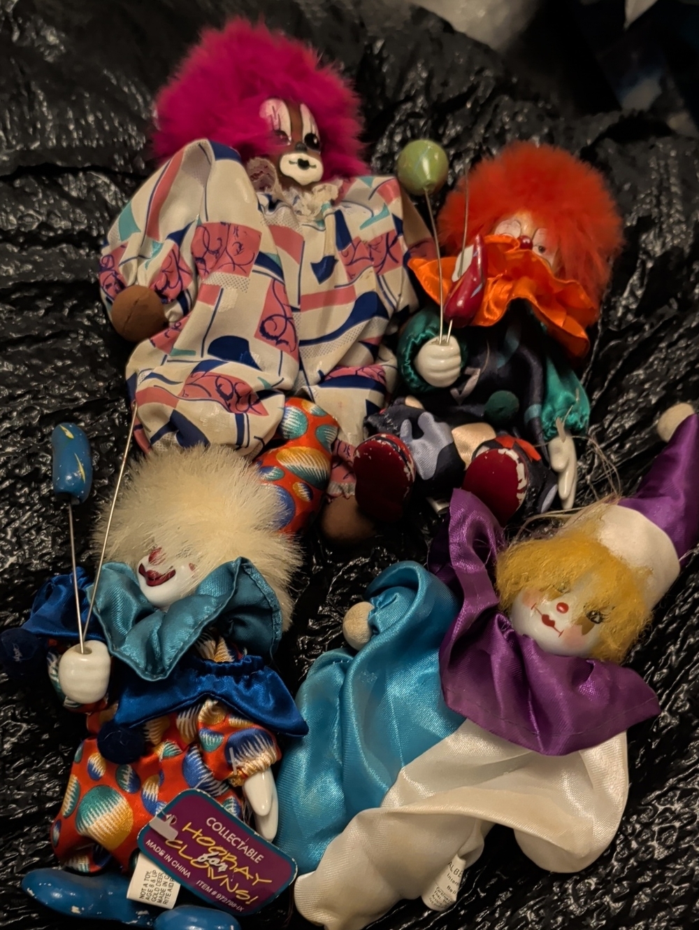 Vintage Rainbow Clown Doll Lot - Colorful Satin Circus Clowns